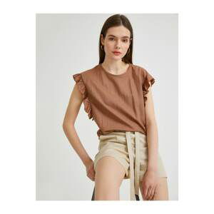 Koton Women's Brown Frilly Crew Neck T-Shirt