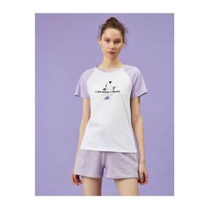 Koton Women's Ecru Lilac Printed Color Block Cotton T-Shirt