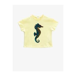 Koton Girl Yellow Sequin T-Shirt Crew Neck Cotton T-Shirt