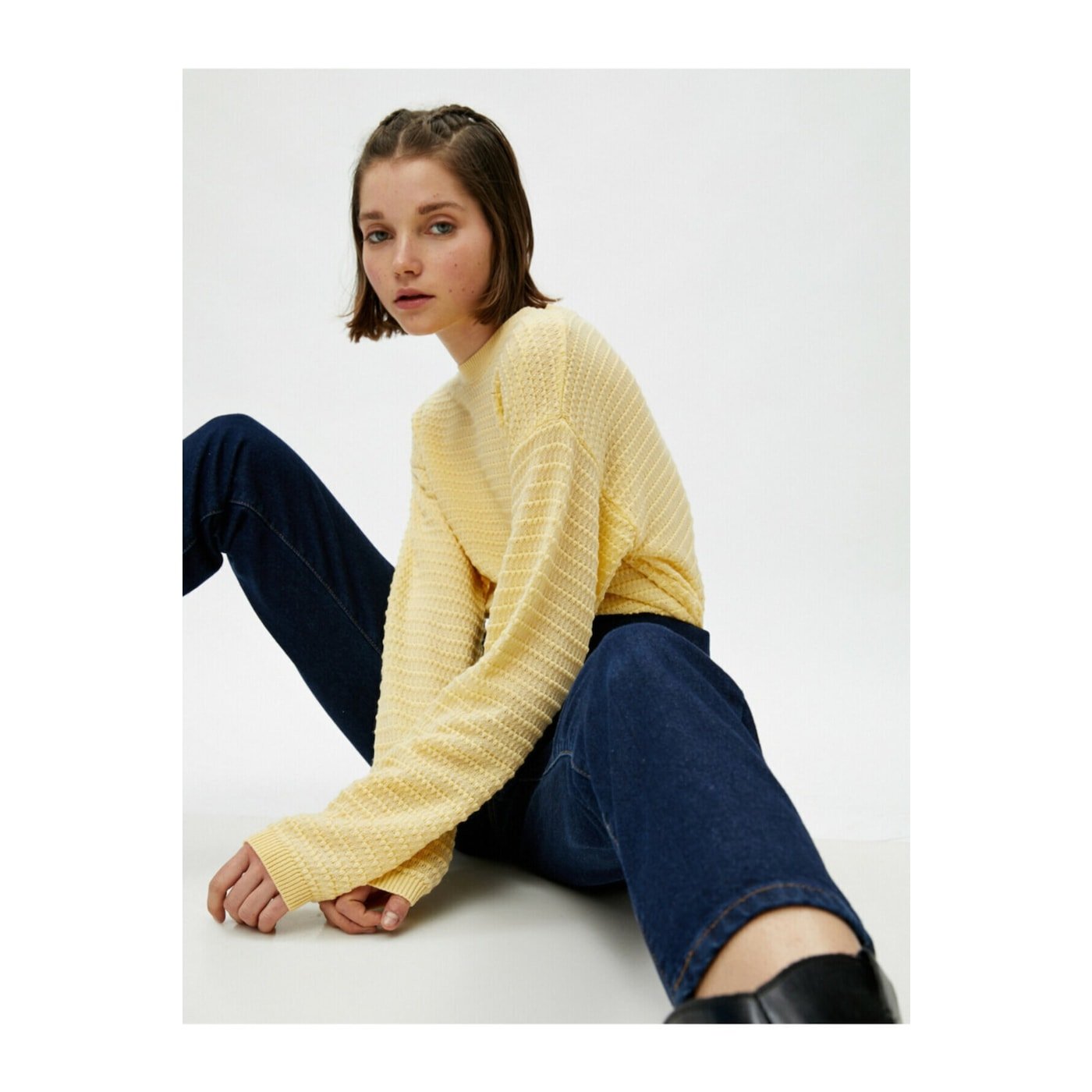Koton Women's Yellow Crew Neck Long Sleeve Basic Knitwear Sweater