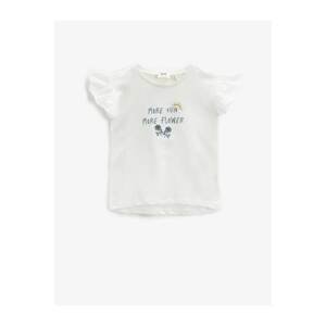 Koton Girl Ecru Letter Embroidered Frilly Cotton T-Shirt