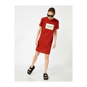 Koton Women's Red Slogan Dress Crew Neck Short Sleeve Cotton
