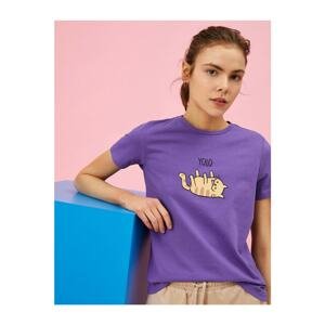 Koton Women's Purple Printed Crew Neck Cotton T-Shirt