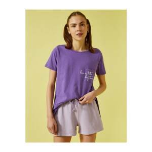 Koton Women's Purple Slogan T-Shirt Crew Neck Cotton