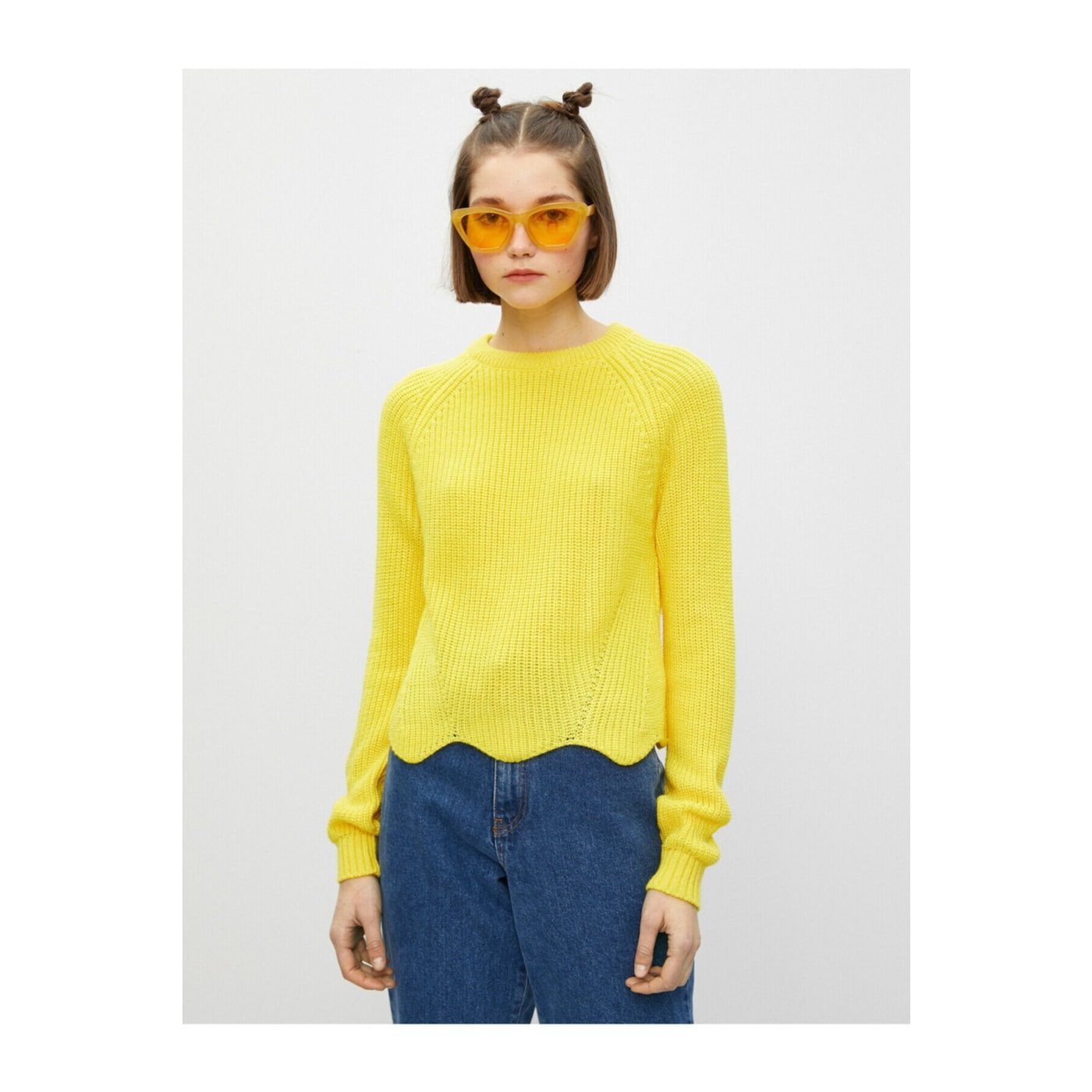 Koton Women's Yellow Long Sleeve Crew Neck Asymmetric Detailed Knitwear Sweater