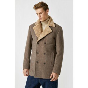 Koton Men's Brown Wool Content Collar Faux Fur Turndown Collar Buttoned Pocket Coat