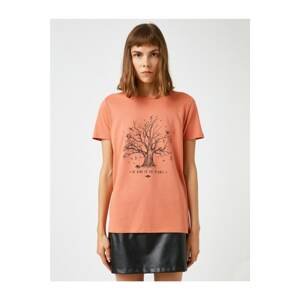 Koton Women's Orange Cotton Crew Neck Printed T-Shirt