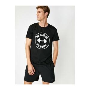 Koton Men's Black Crew Neck Short Sleeve Slogan Print T-Shirt