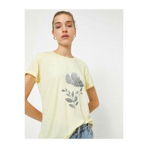 Koton Women's Yellow Crew Neck Short Sleeve Patterned Printed T-Shirt