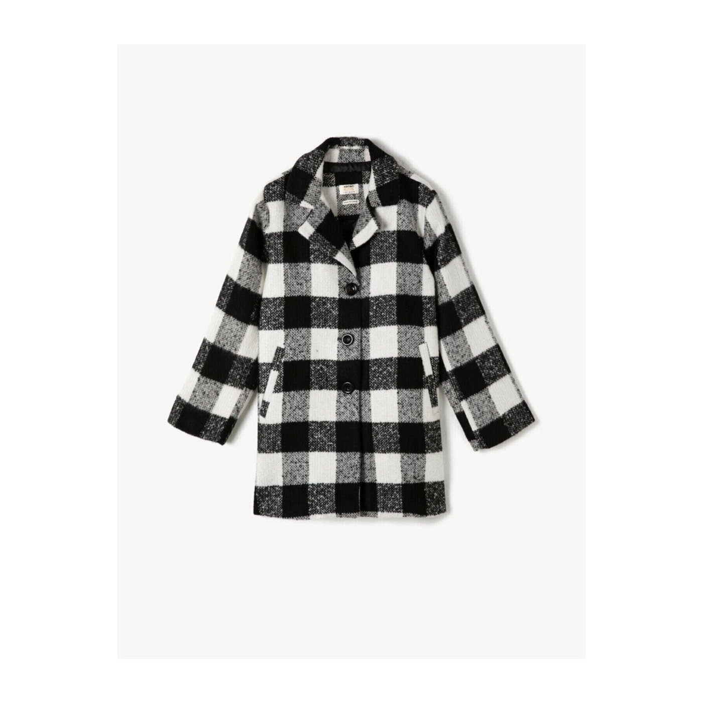 Koton Girl Black Checkered Buttoned Coat