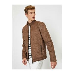 Koton Men's Brown Leather Look Zipper Coat