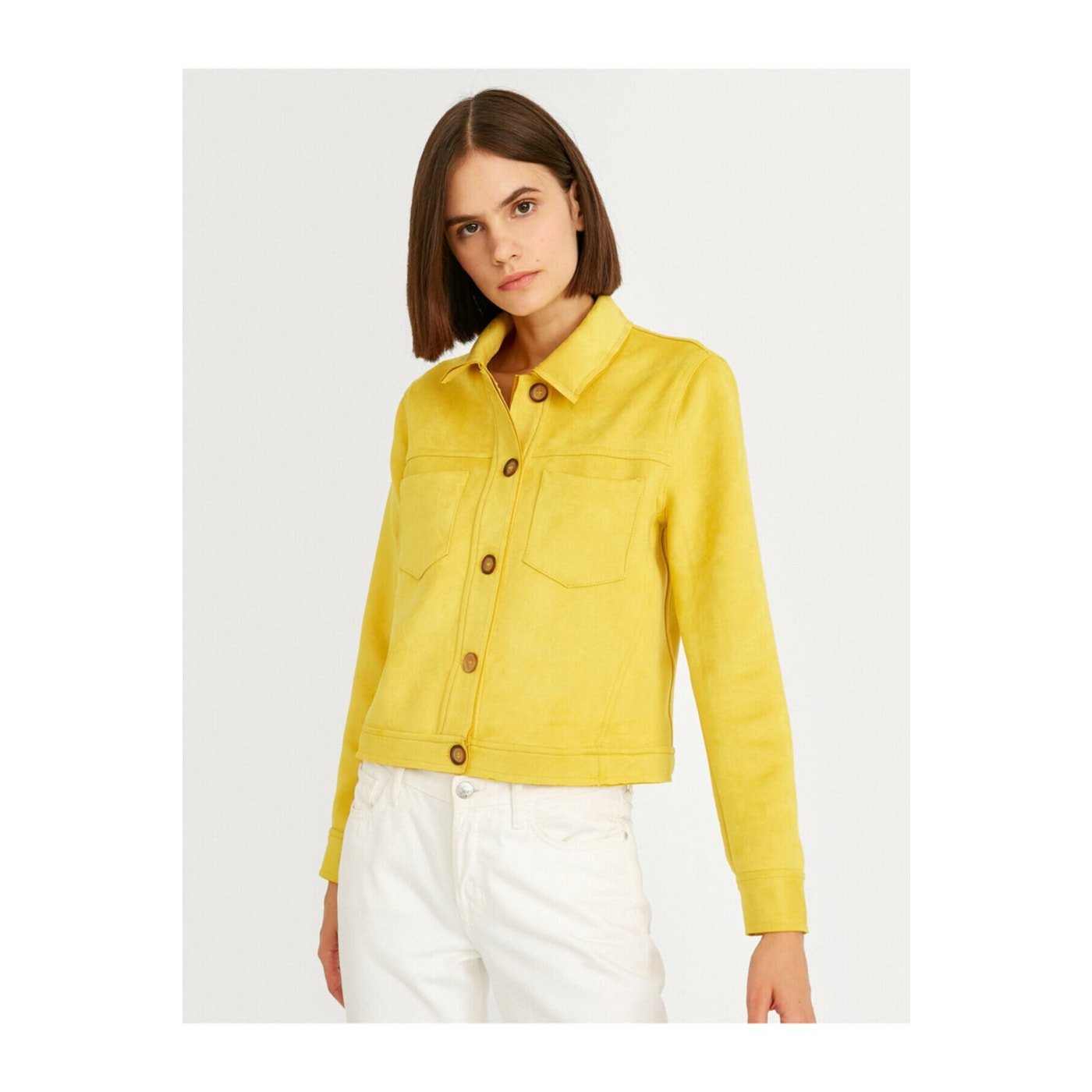 Koton Yellow Pocket Suede Crop Jacket for Women