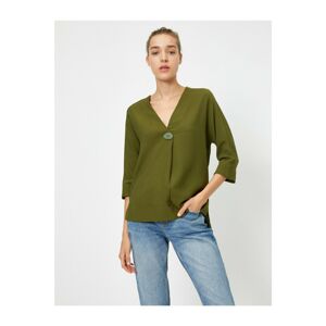 Koton Women's Green Buttoned V Neck 3/4 Sleeve Blouse