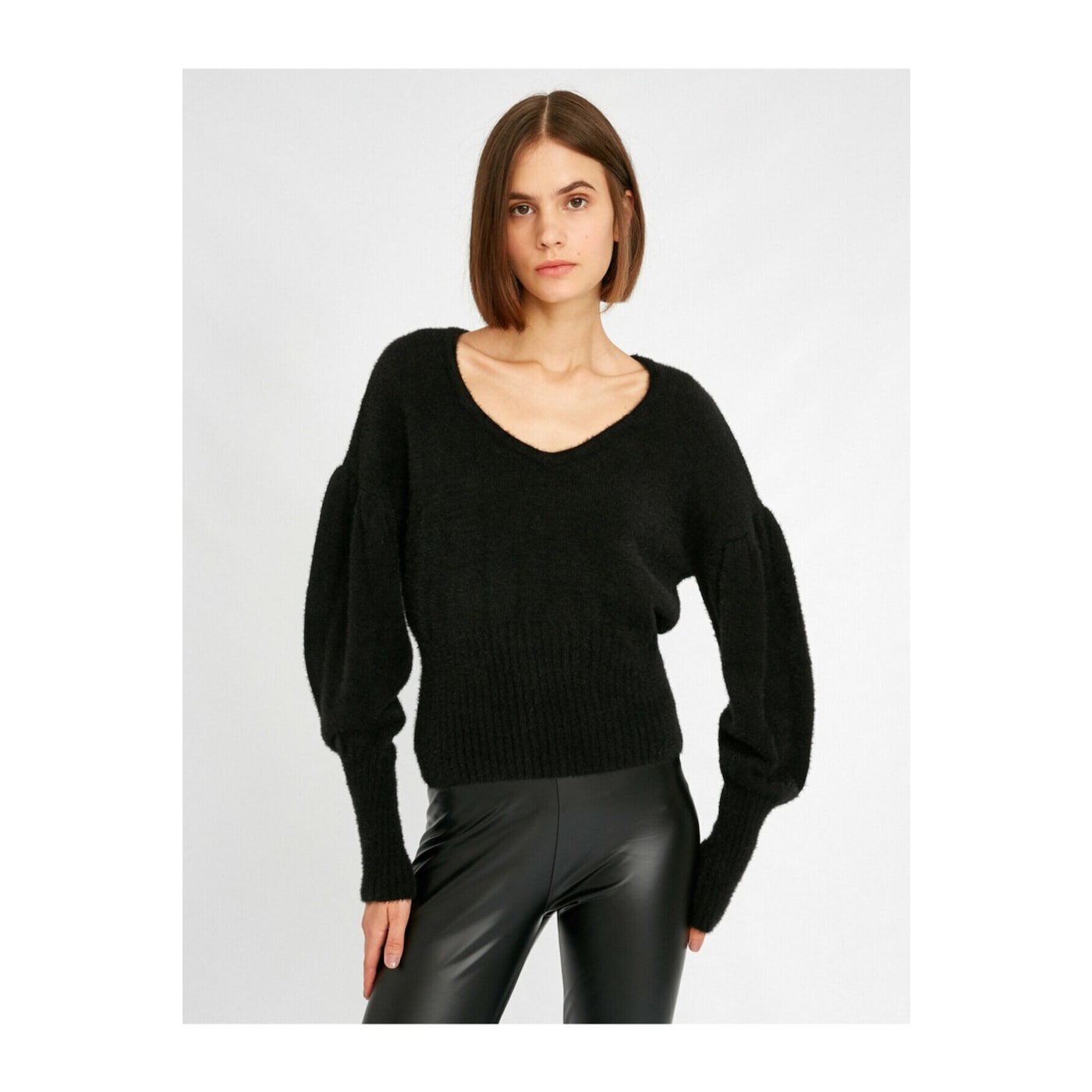 Koton Women's Black Crew Neck Long Puff Sleeve Sweater