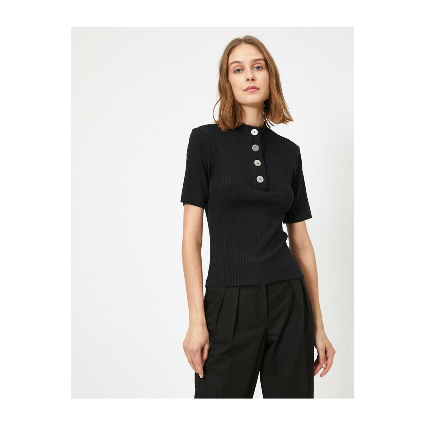Koton Women's Black Button Detail Short Sleeve T-shirt