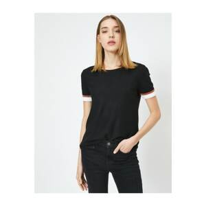Koton Women's Black Crew Neck Short Sleeve Detailed Sleeve T-shirt