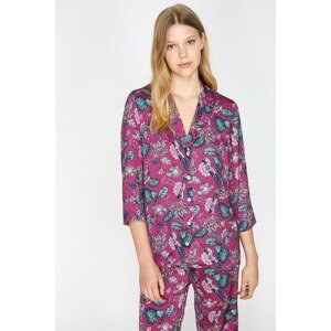 Koton Women's Purple Classic Collar 3/4 Sleeve Patterned Pajamas Top