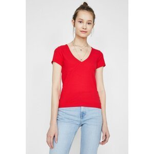 Koton Women's Red V Neck Short Sleeve T-Shirt