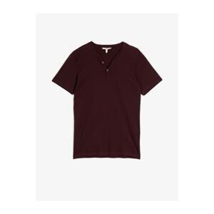 Koton Men's Burgundy Cotton V Neck Short Sleeve Button Detail T-shirt