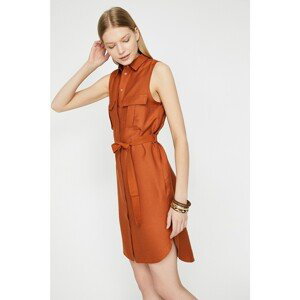 Koton Women Brown Classic Collar Sleeveless Pocket Detailed Tie Waist Midi Dress
