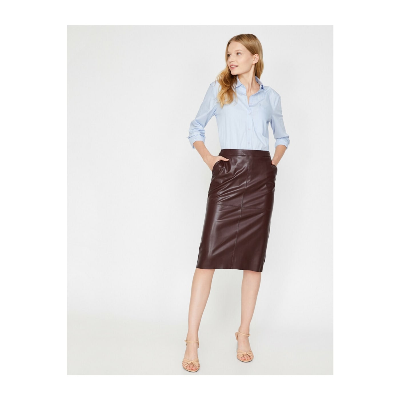 Koton Women's Burgundy Leather Look Skirt