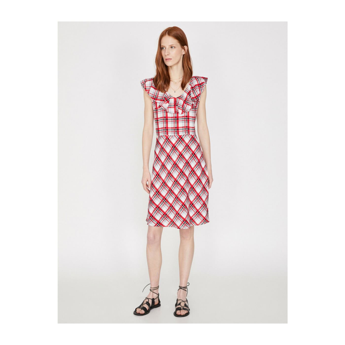 Koton Ruffled Collar Ruffled Open Neck Checked Dress