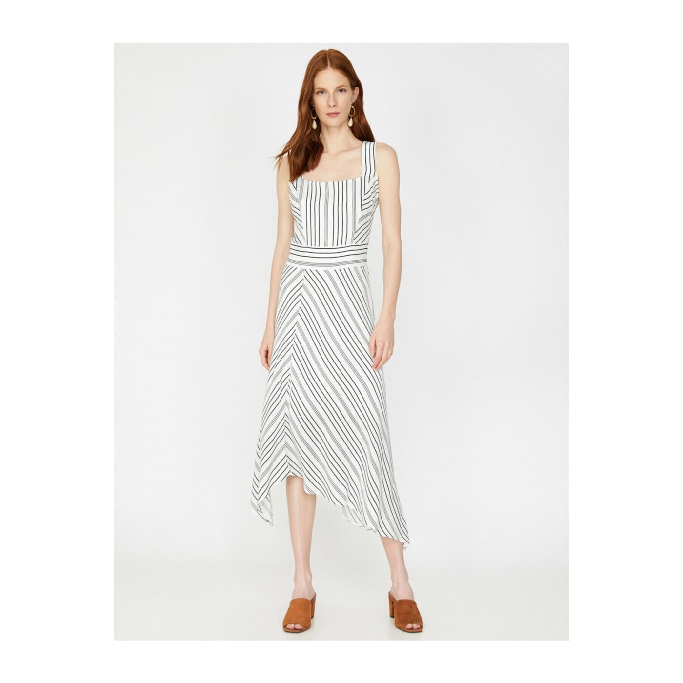 Koton Asymmetrical Square Neckline Striped Dress with Skirt