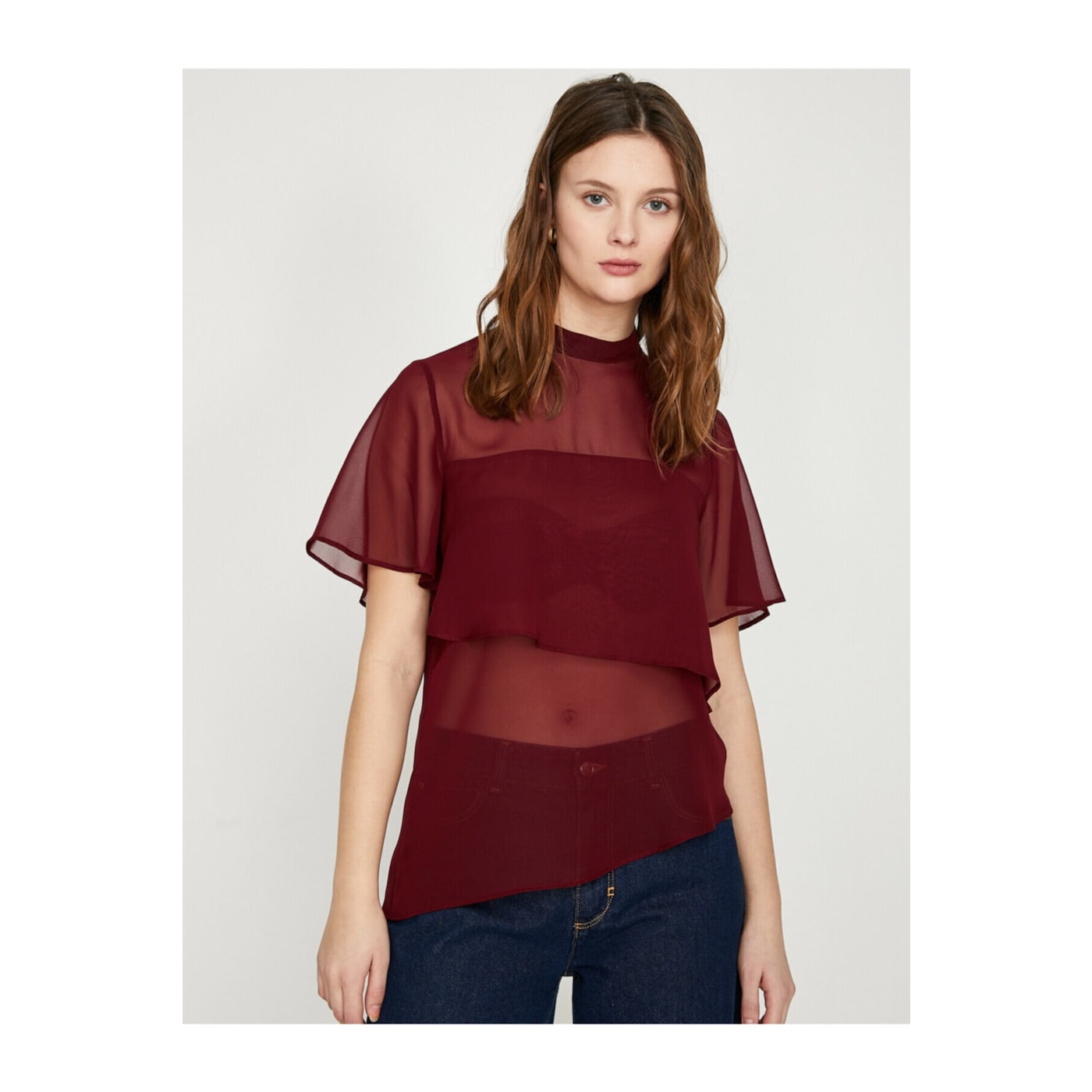 Koton Women's Burgundy High Neck Short Sleeve Tulle Detailed Blouse