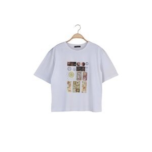 Trendyol White Printed Loose Knit T-Shirt