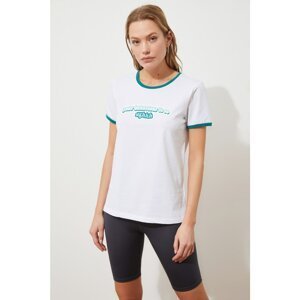 Trendyol White Piping Detailed Printed Basic Knitted T-Shirt
