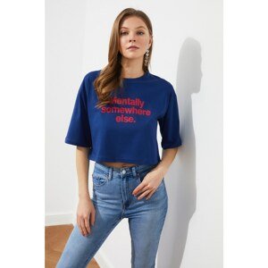 Trendyol Navy Blue Printed Crop Knitted T-Shirt