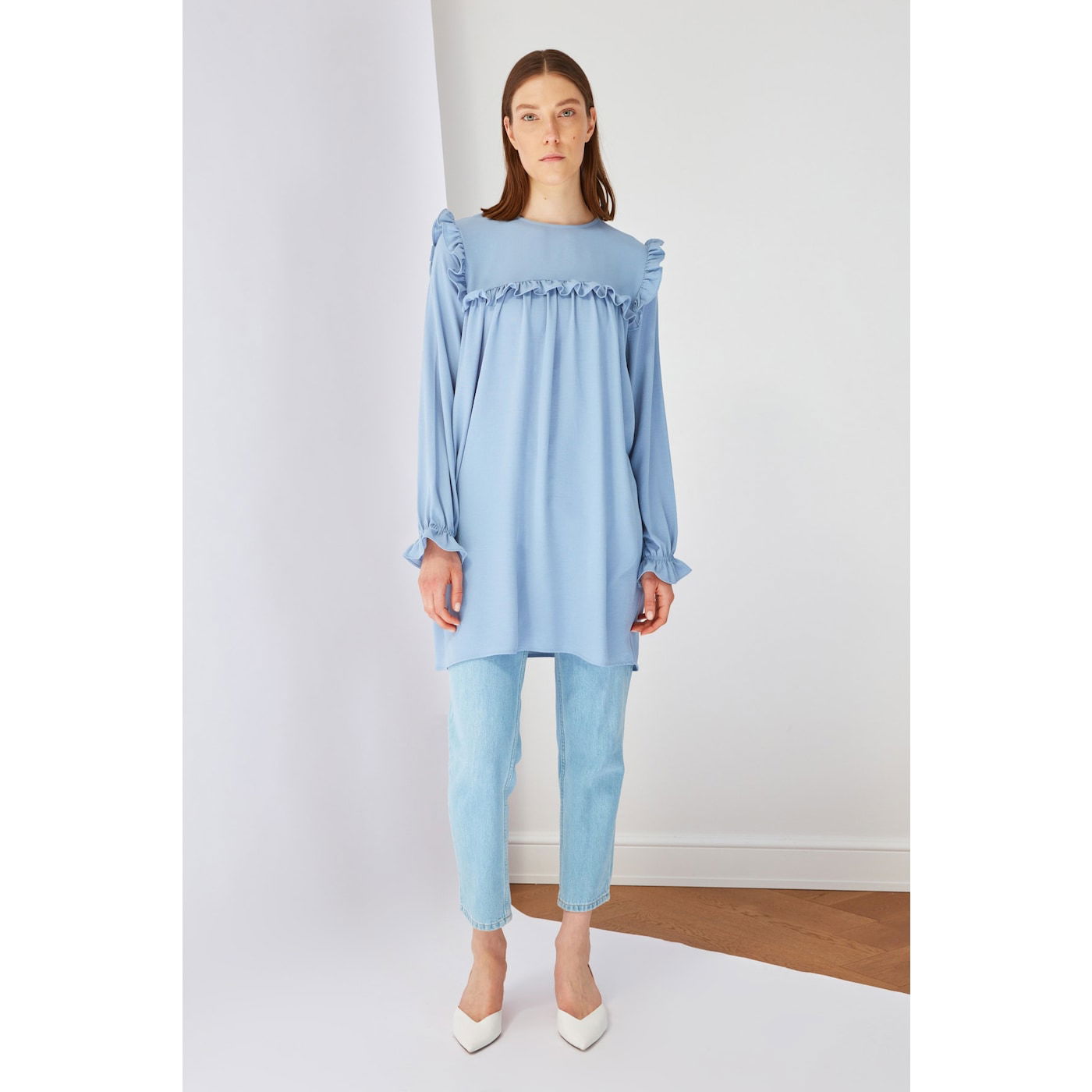 Trendyol Blue Crew Neck Frilly Tunic Dress