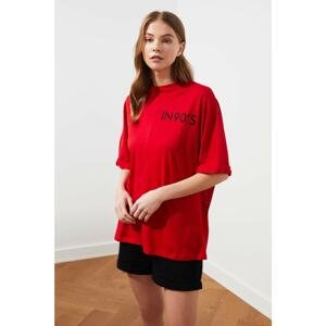 Trendyol Red Boyfriend Lettering Detailed Knitted T-Shirt
