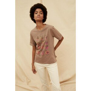Trendyol Brown 100% Organic Cotton Printed Knitted T-Shirt