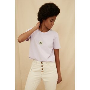 Trendyol Lilac 100% Organic Cotton Basic Embroidered Knitted T-Shirt