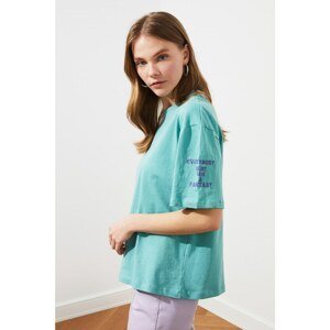 Trendyol Mint Embroidered Loose Pattern Knitted T-Shirt