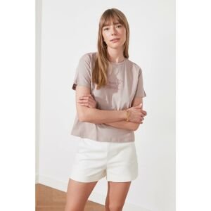 Trendyol Mink Embroidered Semifitted Knitted T-Shirt