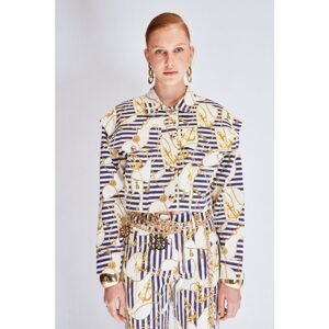 Trendyol White-Multicolor Marine Patterned Gabardine Crop Jacket