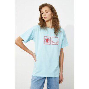 Trendyol Blue Printed Boyfriend Knitted T-Shirt