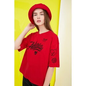 Trendyol Red Printed Loose Knit T-Shirt