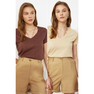 Trendyol Brown-Beige Single Jersey V Neck 2-Pack Knitted T-Shirt