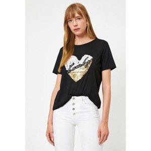 Koton Women's Letter Printed Stamp Embroidered Black T-shirt