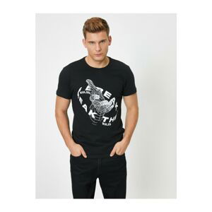 Koton Men's Black Cotton Short Sleeve Printed T-shirt