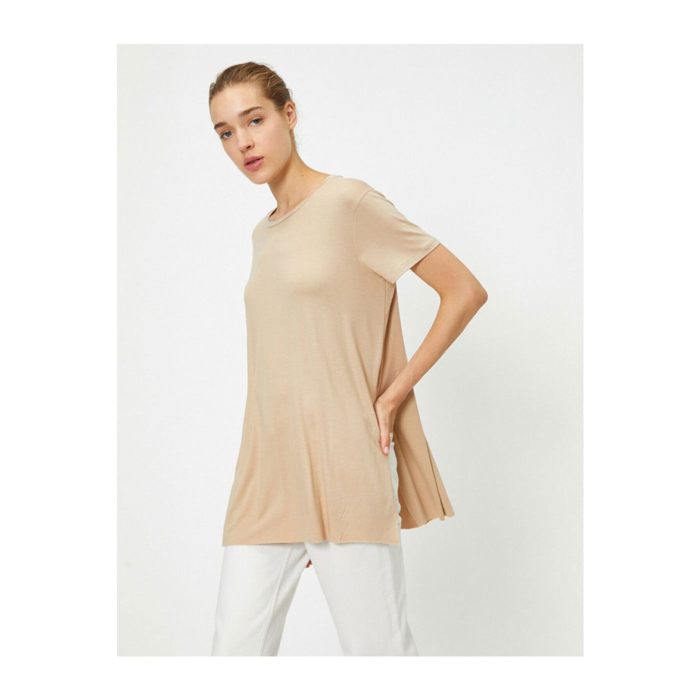 Koton Women's Brown Slit Detail Wide-Cut T-Shirt