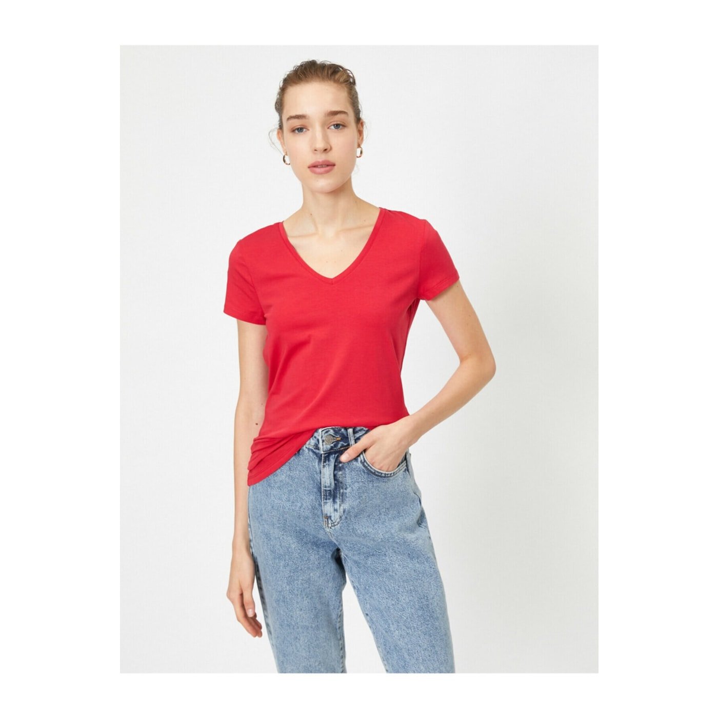 Koton Women's Red Standard Cut V-Neck Basic T-shirt