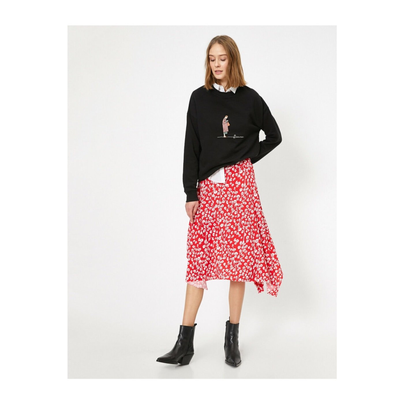 Koton Floral Pattern Asymmetric Midi Skirt