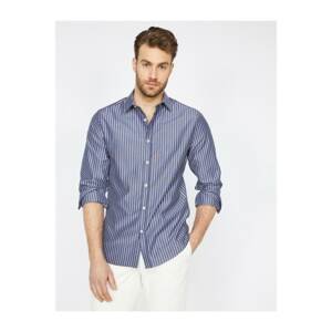Koton Men's Gray Classic Collar Long Sleeve Striped Shirt