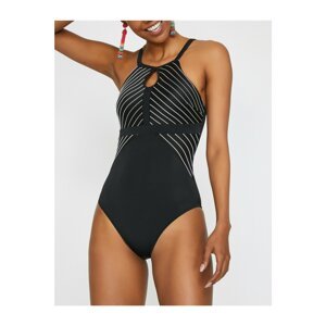 Koton Women's Black Crew Neck Striped Swimwear