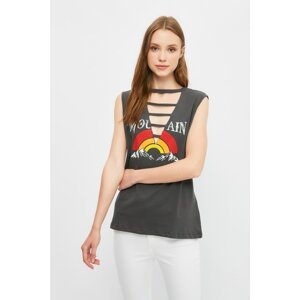 Trendyol Anthracite Collar Detailed Printed Knitted T-Shirt