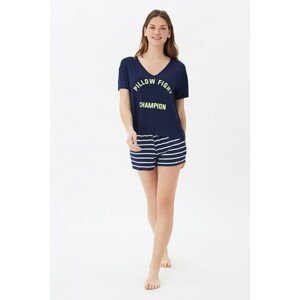 Trendyol Navy Blue Slogan Knitted Pajamas Set